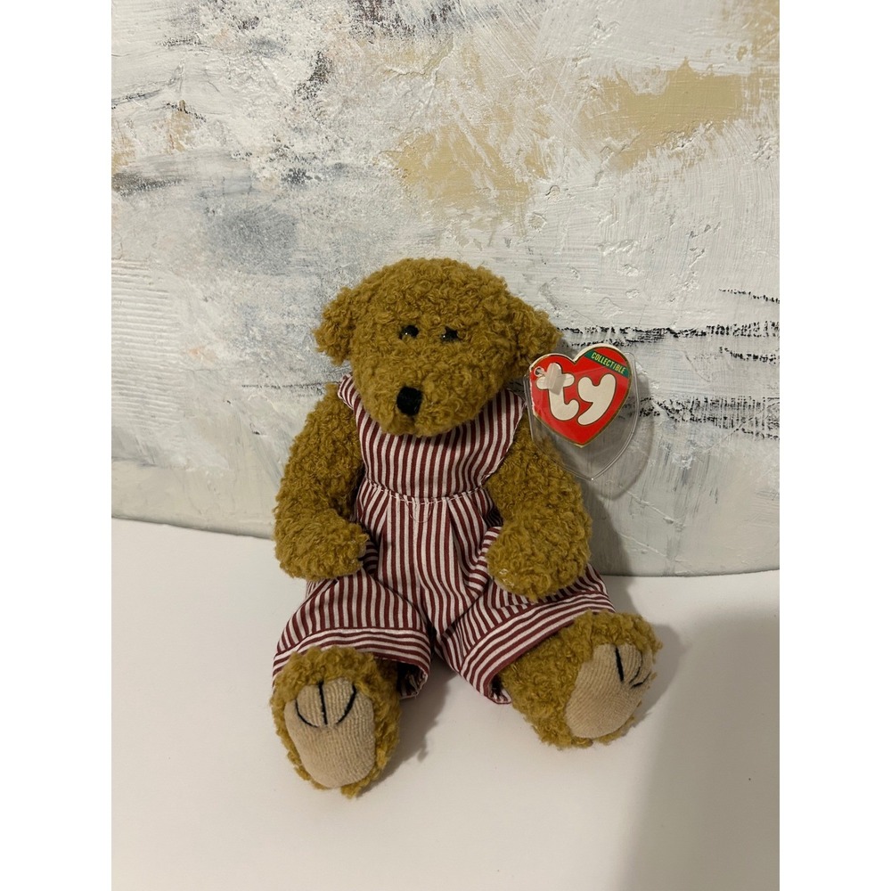 Ty Attic Treasures Dexter Bear Plush Brown Curly Fur  Striped Jumpsuit 6009 NWT